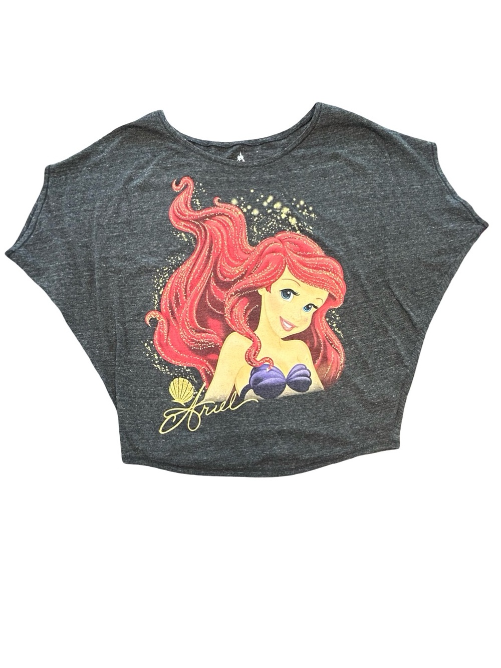 Disney Parks Little Mermaid Ariel glitter bling Graphic Gray Crop Dolman Top LG